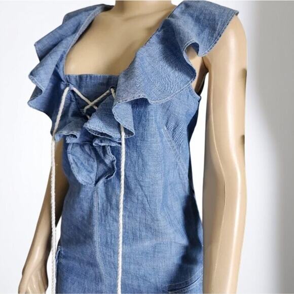 Lauren Ralph Lauren Chambray Denim Dress Size 14 Ruffle Lace Up Knee Length - Picture 7 of 10